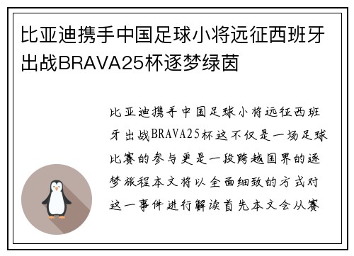 比亚迪携手中国足球小将远征西班牙出战BRAVA25杯逐梦绿茵
